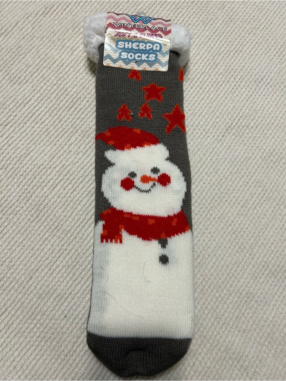Kids Grey & White Snowman Sherpa Socks with Red Accents